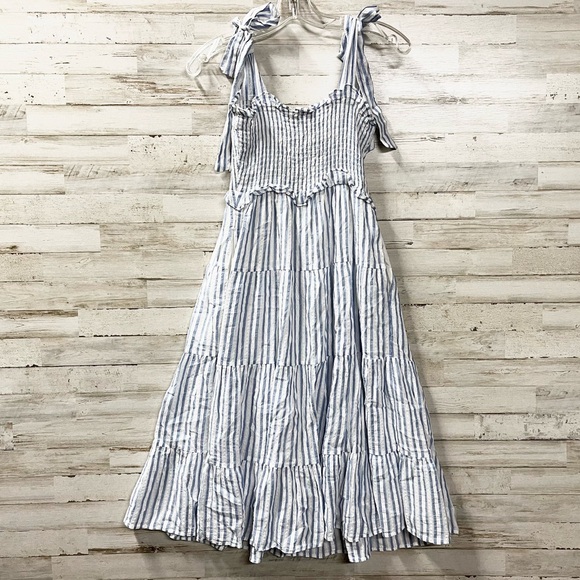 Dress Forum White and Blue Striped Textured Shoulder Tie Dress - Picture 5 of 10